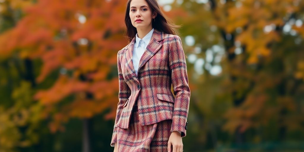 Model in tweed blazer with autumn leaves background.