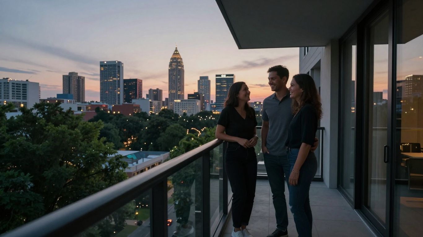 Couple on apartment balcony overlooking Atlanta skyline