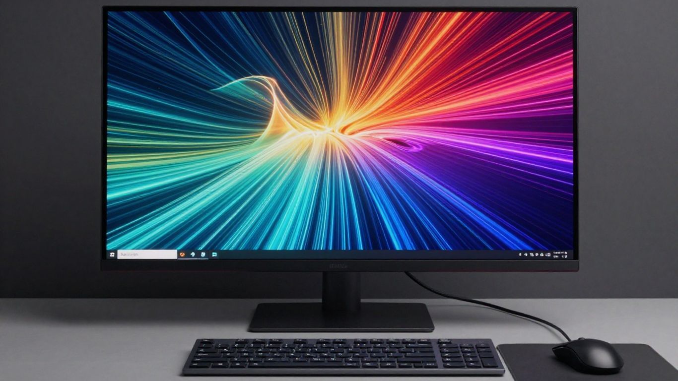 Desktop computer with abstract digital interface on screen.