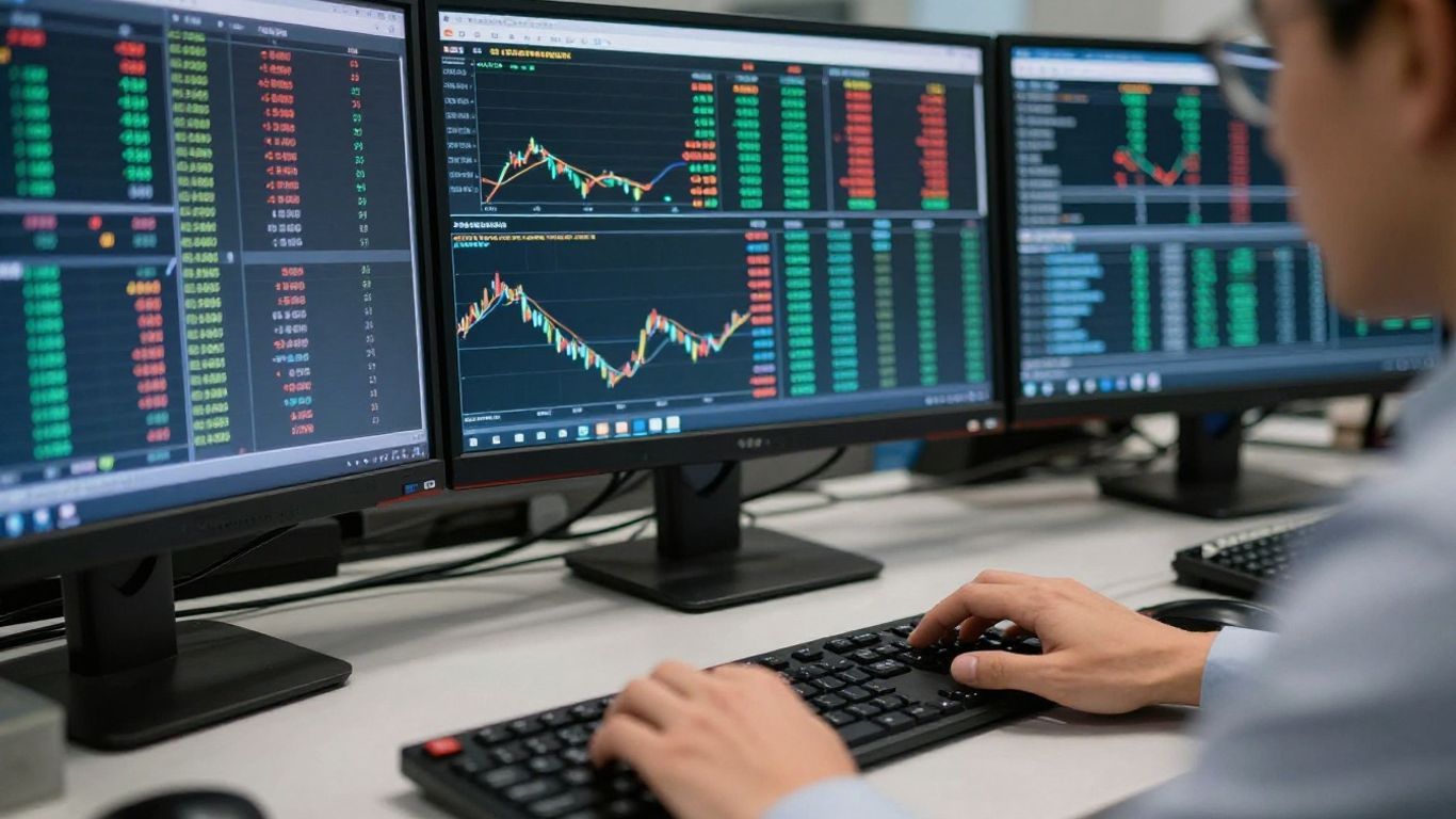 Forex trading desk with monitors and keyboard.