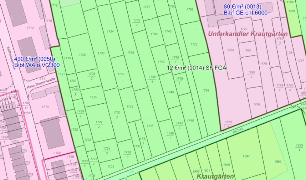 Cadastral-Karte von Kandel, 67434, mit Grundstücken und Bebauungsplänen; Juststraße 18, Zweifamilienhaus, im Bereich Hans-Thoma-Straße und Unterkanalder Krautgärten