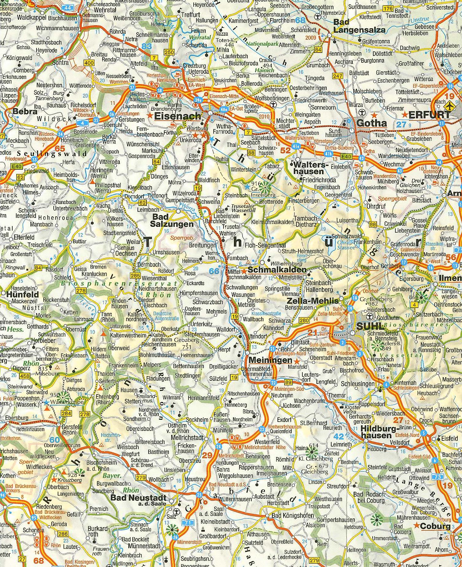 Karte der Region um Suhl, Thüringen, mit Straßen, Städten und Gemeinden; Standort Suhl, Postleitzahl 98529, im Kontext einer Zwangsversteigerung eines Einfamilienhauses