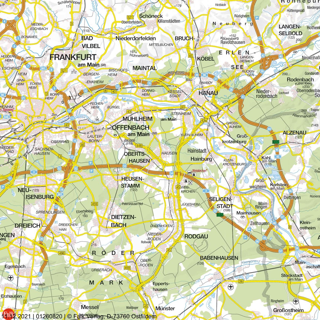 Karte der Region um Frankfurt am Main mit markierter Lage von Hausen, Ortsteil von Offenbach am Main, im Rhein-Main-Gebiet