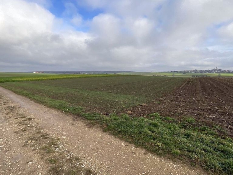 Ackerland mit frisch gepflügten Feldern und Grünlandstreifen, im Hintergrund Siedlung, unter bewölktem Himmel, Unterschneidheim-Zipplingen