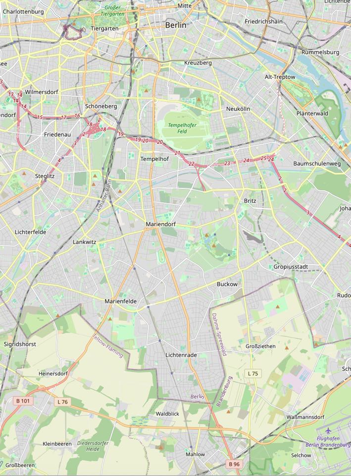 Lagekarte von Berlin mit markierter Route und Stadtteilen, einschließlich des Gebiets um Paetschstraße 9, 12307 Berlin