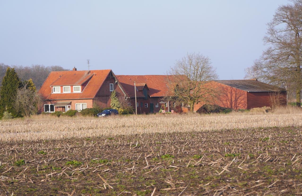 Seitenansicht eines roten Backsteinhauses mit Satteldach, umgeben von abgeerntetem Ackerland in Bruchhausen-Vilsen