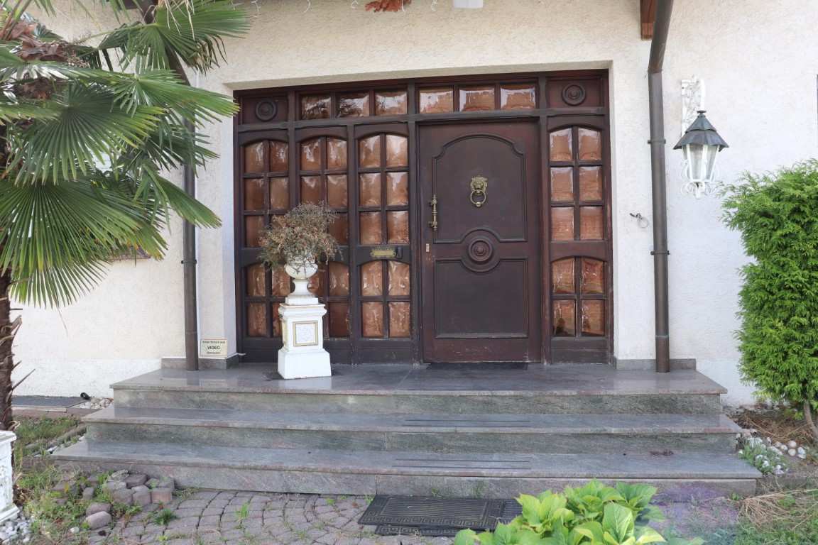 Eingangsbereich eines Einfamilienhauses mit dunkler Holztür, Glasfenstern, Stufen und einem weißen Blumentopf. Links Palme, rechts Hecke. Adresse: Am Lohbachhang 15, Dortmund