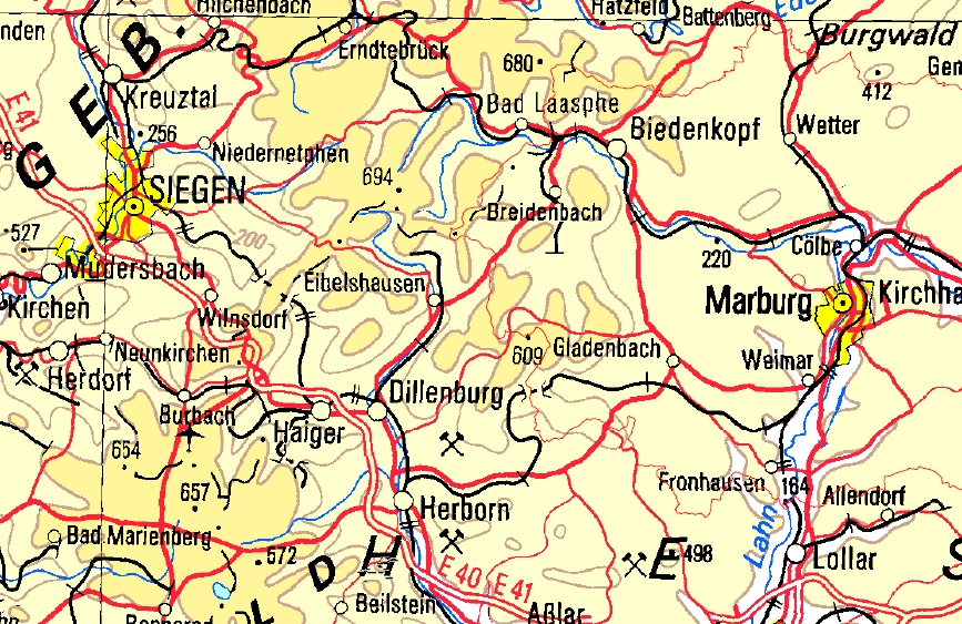 Lagekarte mit Ortschaften wie Gladenbach, Siegen und Marburg, Höhenlinien und Verkehrswege im Raum des Einfamilienhauses Eselsweg 2, 35764 Gladenbach