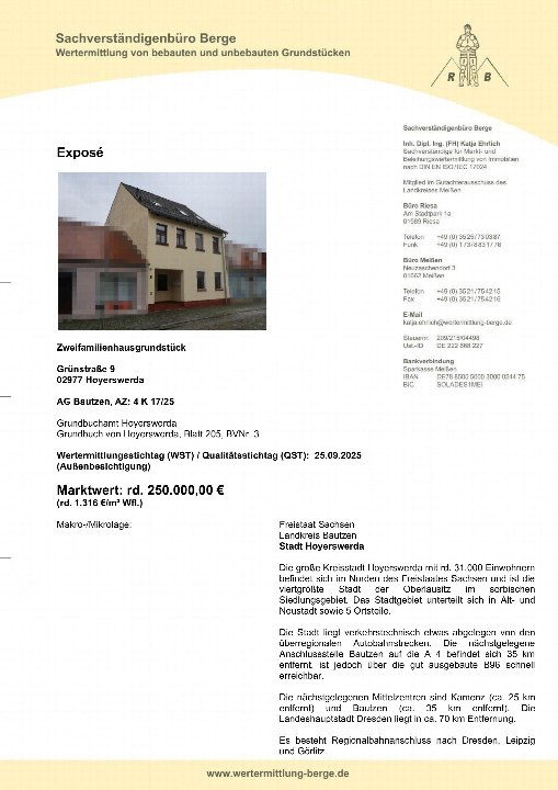Exposé-Seite für ein Zweifamilienhausgrundstück in Hoyerswerda, Grünstraße 9, 02977. Dokument enthält Adresse, Grundbuchangaben, Wertmittlungstag und Marktwertermittlung