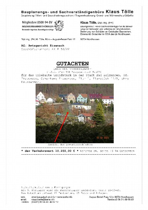 Dokumentenseite eines Gutachtens über den Verkehrswert eines unbebauten Grundstücks in Bad Salzungen, OT Prauensee. Enthält Firmendaten, Ansicht des Objekts und Verkehrswertangabe