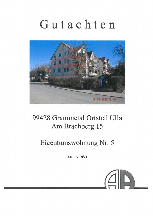 Gutachten für Eigentumswohnung Nr. 5, Am Brachberg 15, 99428 Grammetal Ortsteil Ulla, mit Foto des Gebäudes und roter Markierung der Wohnung