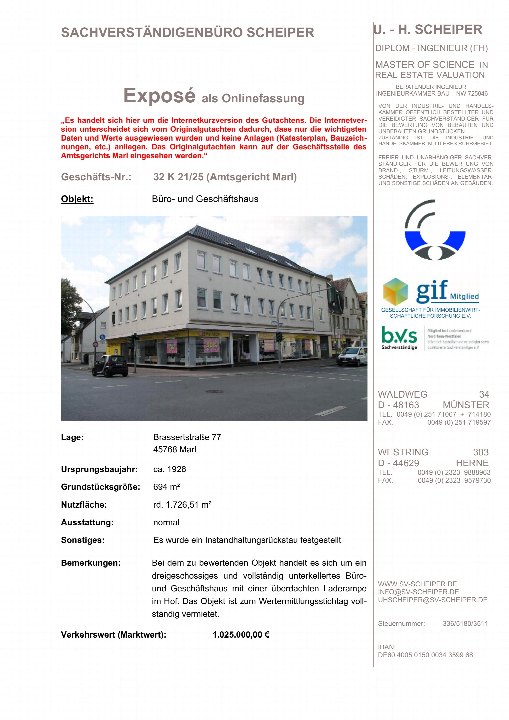 Dokumentenseite eines Gewerbeobjekts in Marl, Brasserstraße 77, mit Objektbeschreibung, Lage und Verkehrswert