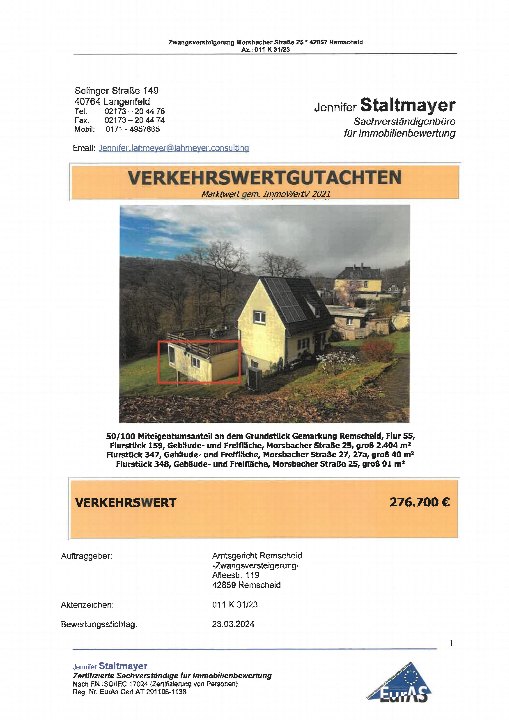 Verkehrswertgutachten für Eigentumswohnung, Morsbacher Straße 25, Remscheid. Dokument mit Bewertungswert 276.700 €, Ausstellung am 23.03.2024