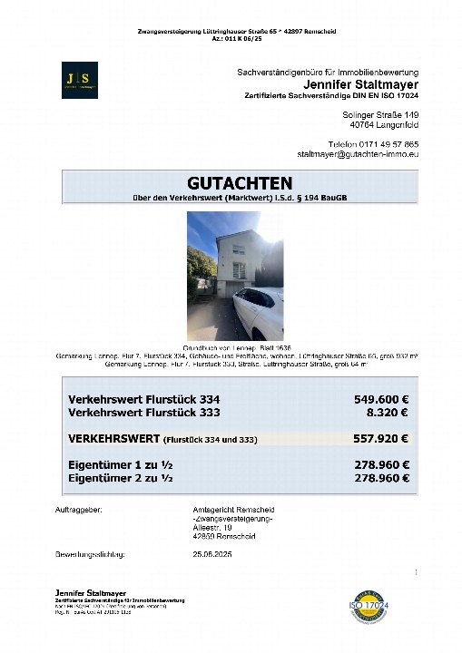 Gutachten über den Verkehrswert eines Grundstücks in Remscheid, Lüttringhauser Straße 65, mit Angaben zu Flurstücken 333 und 334, Eigentümeranteilen und Bewertungsdatum 25.06.2025