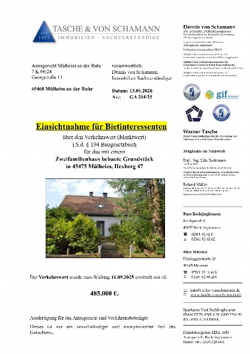 Dokumentenseite einer Zwangsversteigerung in Mülheim, 45475 Hexberg 47, mit Bild eines Zweifamilienhauses und Verkehrswertangabe von 485.000 €