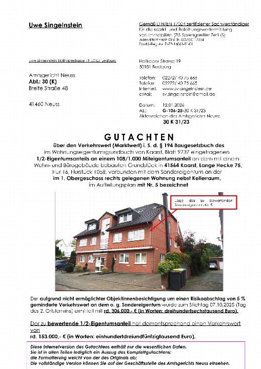 Gutachten über den Verkehrswert einer Eigentumswohnung in 41564 Kaarst, Lange Hecke 75, mit Lageangabe im Aufteilungsplan als Nr. 5. Dokument aus Bedburg, 50181