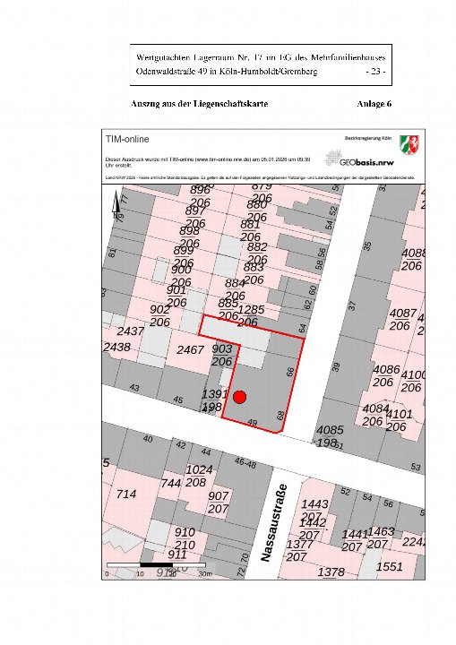 Auszug aus der Liegenschaftskarte für den Lagerraum Nr. 17 im Erdgeschoss des Mehrfamilienhauses Odenwaldstraße 49 in Köln-Humboldt/Gremberg, markiert mit rotem Rahmen und Punkt