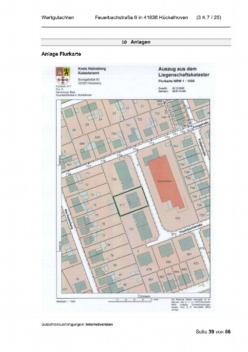 Flurkarte des Liegenschaftskatasters, Auszug 1:1000, Flurstück 671, Feuerbachstraße 6, 41836 Hückelhoven, Kreis Heinsberg