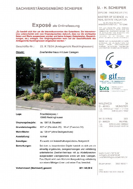 Dokumentenseite eines Gutachtens für ein Zweifamilienhaus in Recklinghausen, Froschkönigweg 1, mit Grundstücks- und Wohnflächenangaben sowie Verkehrswert