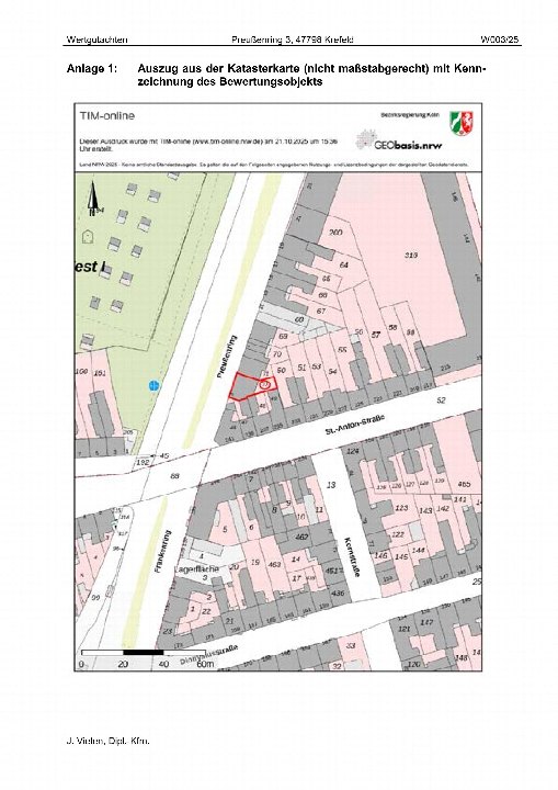 Katasterkarten-Auszug aus Krefeld, 47798, mit Kennzeichnung des Bewertungsobjekts an der Preußenring. Nicht maßstabsgerecht, erstellt via TIM-online