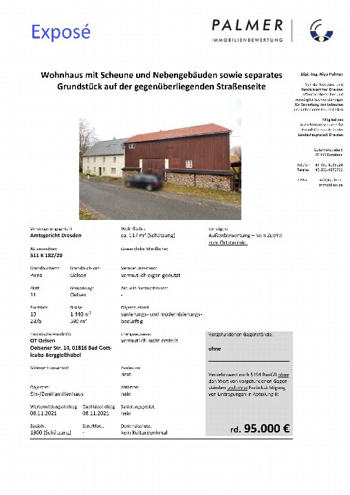 Dokumentenseite eines Immobilienexposés für ein Wohnhaus in Bad Gottleuba-Berggießhübel, Oelsener Str. 14, mit Angaben zu Grundbuch, Wohnfläche und Versteigerungsdaten
