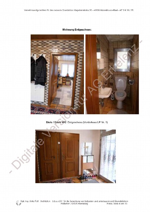 Erdgeschoss-Wohnung: Diele mit Holztüren und Teppich, Gäste-WC mit Toilette, Waschbecken und Fliesenwand, sowie Blick in angrenzenden Raum