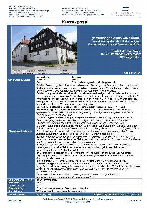Dokumentenseite einer Zwangsversteigerung in Ebersbach-Neugersdorf, Rudolf-Gärtner-Weg 7, mit Grundstücksbeschreibung, Lageangaben und Wertvermerk. Seite 1 von 1
