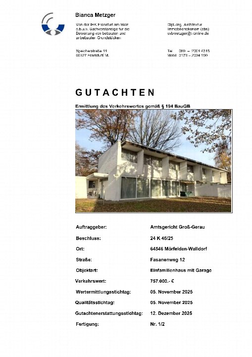 Dokumentenseite mit Gutachten zur Ermittlung des Verkehrswertes eines Einfamilienhauses in Mörfelden-Walldorf, Fasanenweg 12, inklusive Foto des Gebäudes