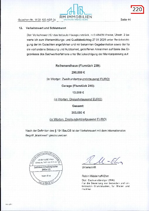 Seite 44 eines Gutachtens von RM Immobilien für ein Reihenhaus in Rheine, Utestr. 2, mit Verkehrswertangaben vom 27.01.2026