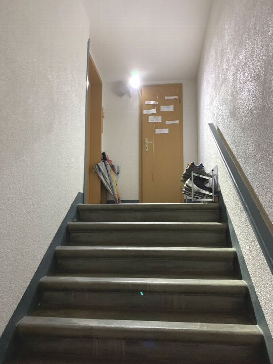 Treppenhaus mit Betontreppen, Holztür mit Papieren, Regal mit Schuhen und Regenschirm an der Wand, Plauen, Stöckigter Straße 7