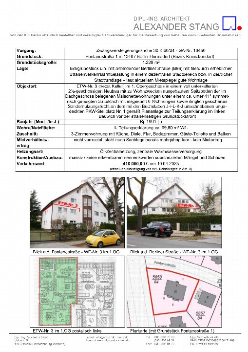 Dokumentenseite einer Zwangsversteigerung in Berlin, Fontanestraße 1, mit Angaben zu Eigentumswohnung im 1. OG, Grundstücksgröße, Baujahr und Verkehrswert