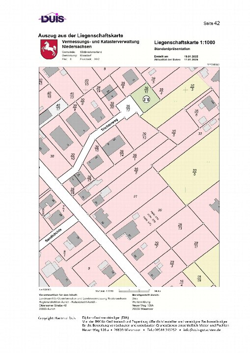 Auszug aus der Liegenschaftskarte 1:1000 für Südbrookmerland, Flur 6, Flurstück 36/2, mit Grundstücksbezeichnungen und Straßen wie Tichlerweg und Sandbochte