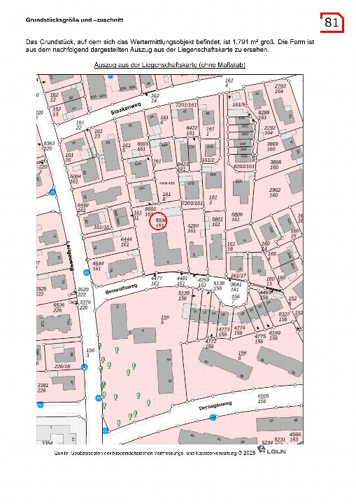 Auszug aus der Liegenschaftskarte mit Grundstücksnummer 5934/161, Fläche 1.791 m², Lage in Oldenburg, 26131, zur Größe. Karte zeigt Grundstücksgrenzen und benachbarte Parzellen