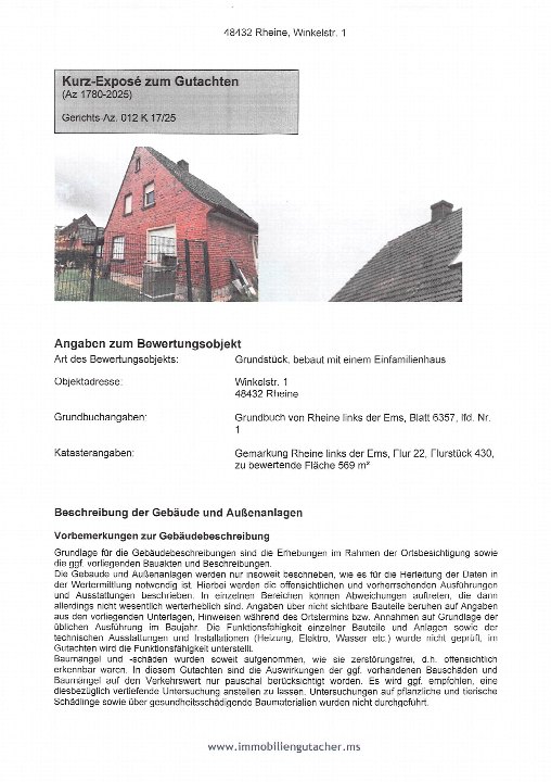 Dokumentenseite eines Gutachtens zur Zwangsversteigerung, Objektadresse Winkelstr. 1, 48432 Rheine, bebaut mit Einfamilienhaus, Grundbuchangaben und Katasterdaten enthalten
