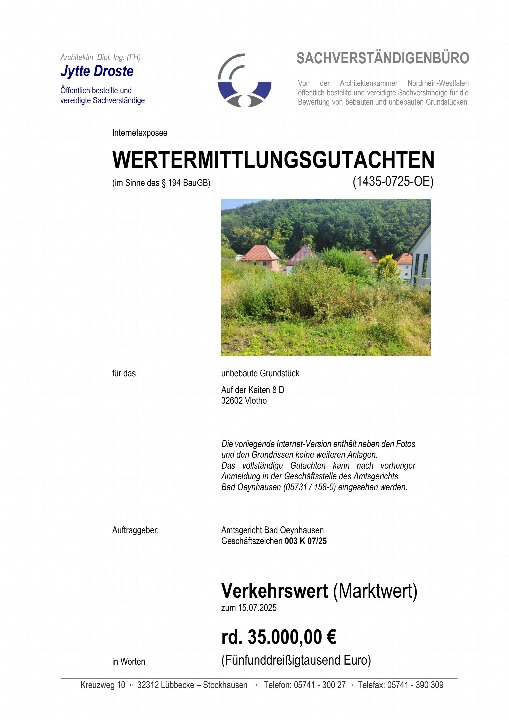 Dokumentenseite eines Wertermittlungsgutachtens für ein unbebautes Grundstück in Vlotho, Auf der Kaiten 8 D, mit Foto des Grundstücks und Angabe des Verkehrswerts