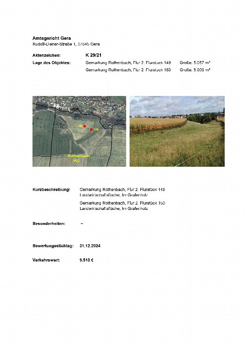 Dokumentenseite mit Grundstücksbeschreibung in Gemarkung Rothenbach, Flur 2, Flurstücke 149 und 150, Landwirtschaftsfläche, Im Grafenholz, Verkehrswert 9.510 €