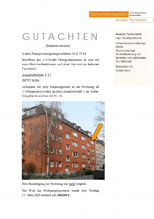Dokumentenseite eines Gutachtens zur Zwangsversteigerung in Köln, Zorndorfstraße 1-17, mit Foto eines Mehrfamilienhauses und Pfeil auf Wohnung im 3. Obergeschoss rechts