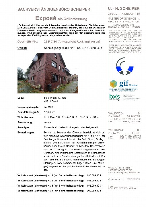Dokumentenseite mit Exposé für Eigentumswohnungen in Datteln, Schorheide 12 und 12a, 45711. Enthält Lage, Grundstücksgröße, Wohnflächen und Verkehrswerte