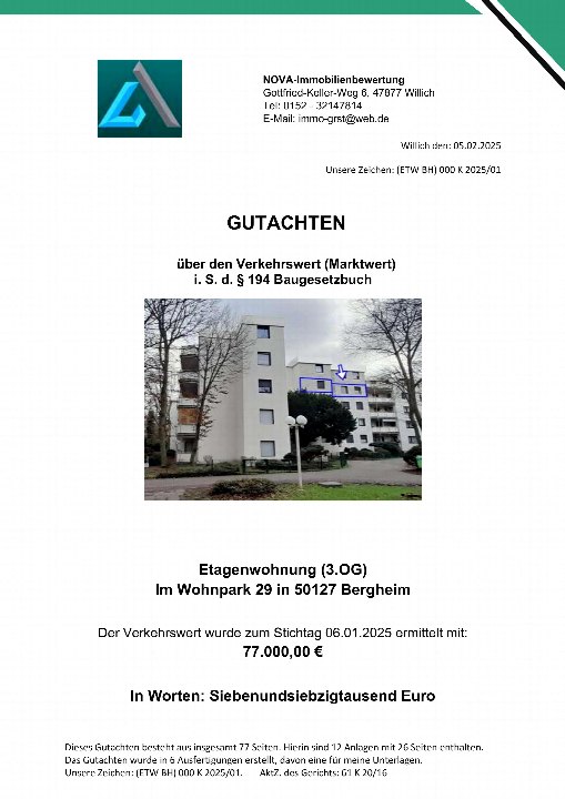 Erste Seite eines Gutachtens über den Verkehrswert einer Eigentumswohnung im 3. Obergeschoss, Im Wohnpark 29, 50127 Bergheim, mit Foto des Wohngebäudes und Wertangabe von 77.000 €