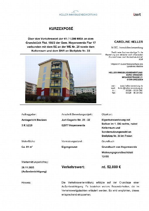 Dokumentenseite mit Kurzexposé zur Immobilienbewertung einer Eigentumswohnung in Hoyerswerda, 02977, mit Angaben zu Wohnfläche, Verkehrswert und Objektdetails