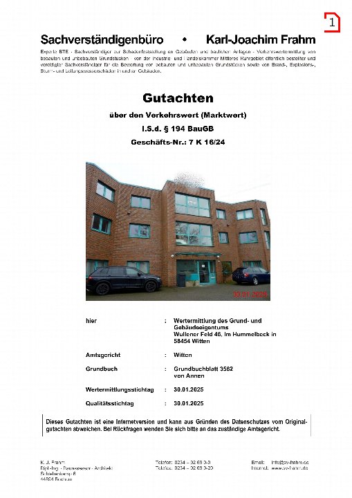 Gutachten über den Verkehrswert eines Gewerbeobjekts in Witten, Im Hummelbeck, 58454. Dokumentseite mit Foto des Gebäudes und Angaben zur Wertmittlung am 30.01.2025