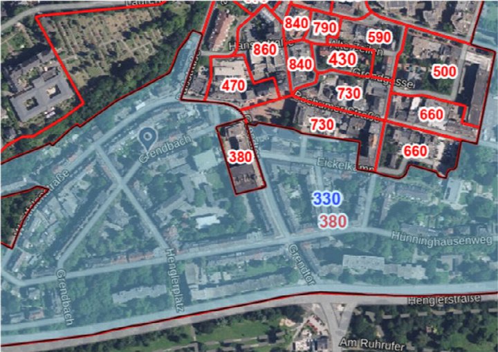 Luftbildansicht von Essen, 45276, Grendbach 23, mit markierten Grundstücken und Nummern; Kfz-Stellplatz in Tiefgarage