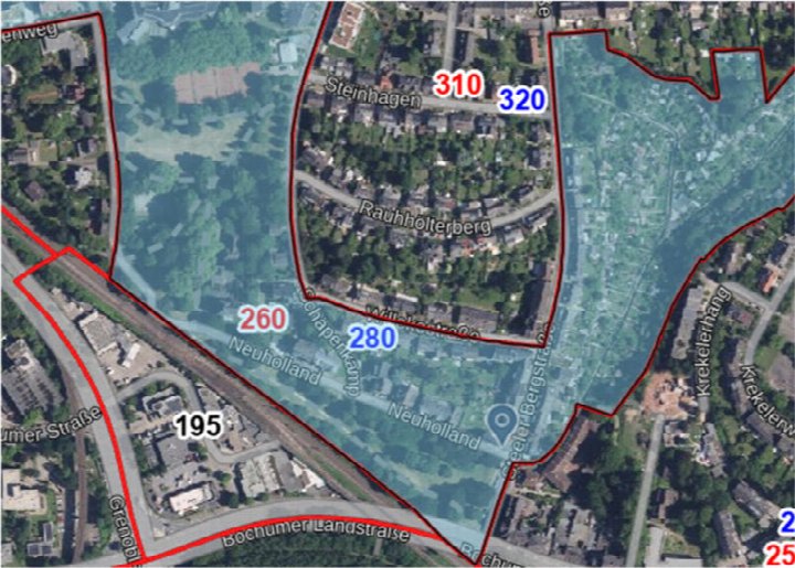 Luftbildansicht von Neuholland in Essen, 45276, mit markierten Flächen und Straßen wie Bochumer Landstraße und Rauhhölterberg; Objekt Neuholland 2, Kfz-Stellplatz in Tiefgarage