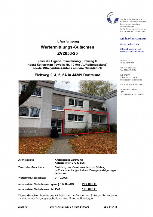 Erste Seite eines Gutachtens zur Eigentumswohnung Elchweg 6 in 44309 Dortmund, mit Foto des Gebäudes und rotem Rechteck um die Wohnung