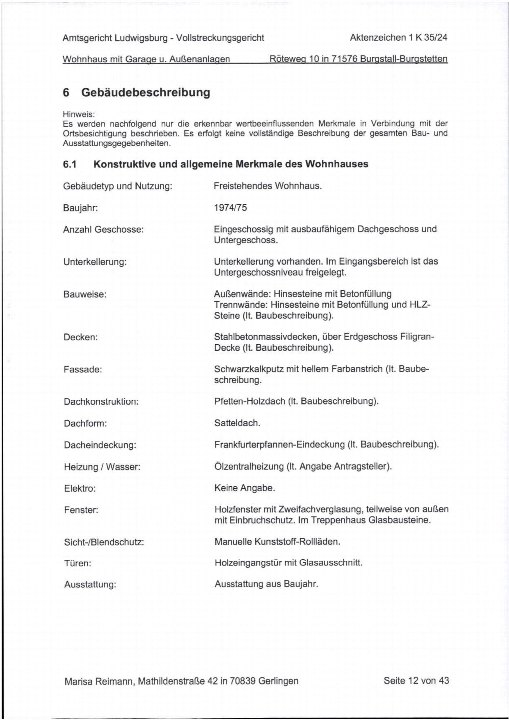 Seite 12 von 43 eines Zwangsversteigerungsunterlagen für ein Wohnhaus in Burgstetten-Burgstall, 71576, mit Beschreibung der konstruktiven und allgemeinen Merkmale des Gebäudes