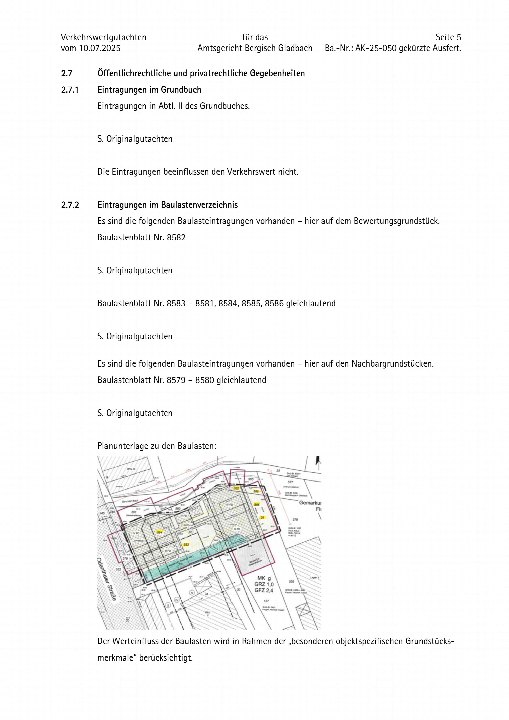 Seite 5 eines Verkehrswertgutachtens für ein Grundstück in Bergisch Gladbach, Odenthaler Straße 8, 10, 12. Enthält Eintragungen im Grundbuch und Baulastenverzeichnis sowie einen