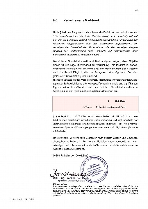 Seite 32 eines Gutachtens zur Zwangsversteigerung in Brühl, 50321, Wittelsbacher Straße 86. Textseite mit Verkehrswertangabe von 190.000 € für eine Eigentumswohnung