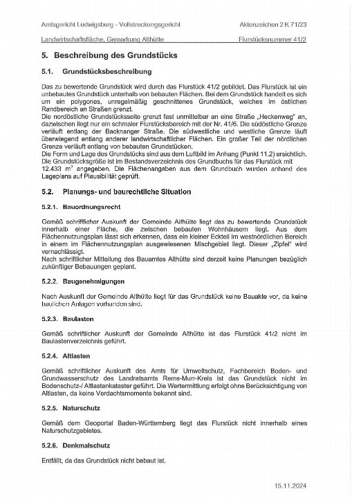 Seite 1 eines Zwangsversteigerungsaktes für ein unbebautes landwirtschaftliches Grundstück in Althütte, Flurstück 41/2, mit Beschreibung, Planungs- und baurechtlicher Situation