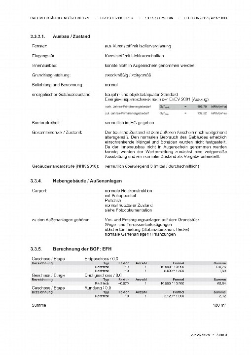 Dokumentenseite mit technischen Angaben zu Ausbau, Zustand und BGF-Berechnung eines Gebäudes in Schwerin, Seite 9 eines Zwangsversteigerungsunterlagen