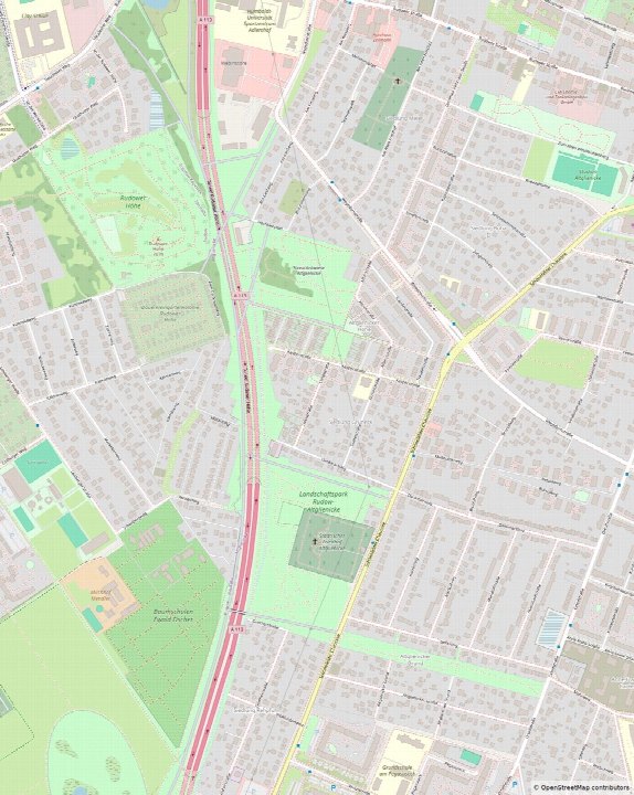 Lagekarte von Berlin-Altglienicke mit Straßen, Grünflächen und der A113, umfassend die Umgebung der Lieselstr. 39